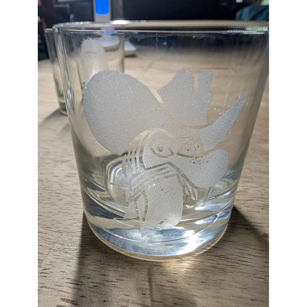 Etched Character Face Whiskey Glass Clear Lowball Tumbler Frosted Design Barware
